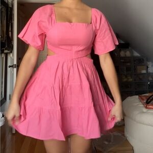 Velvet Pink Sundress with Puff Sleeves and Square Neckline
